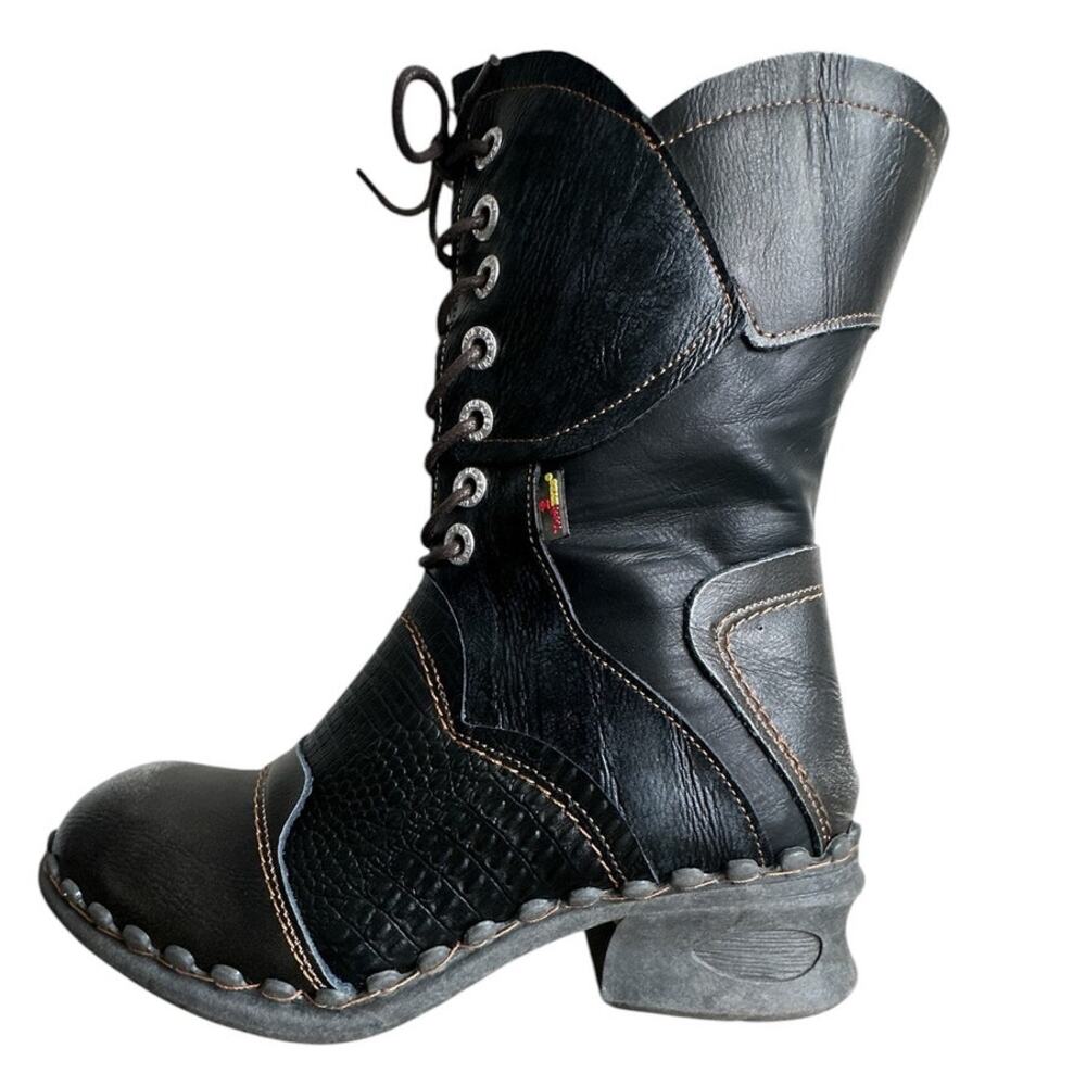 TMA EYES Black Croc Embossed Leather Winter Combat Boots Fur Lined Women's 7.5